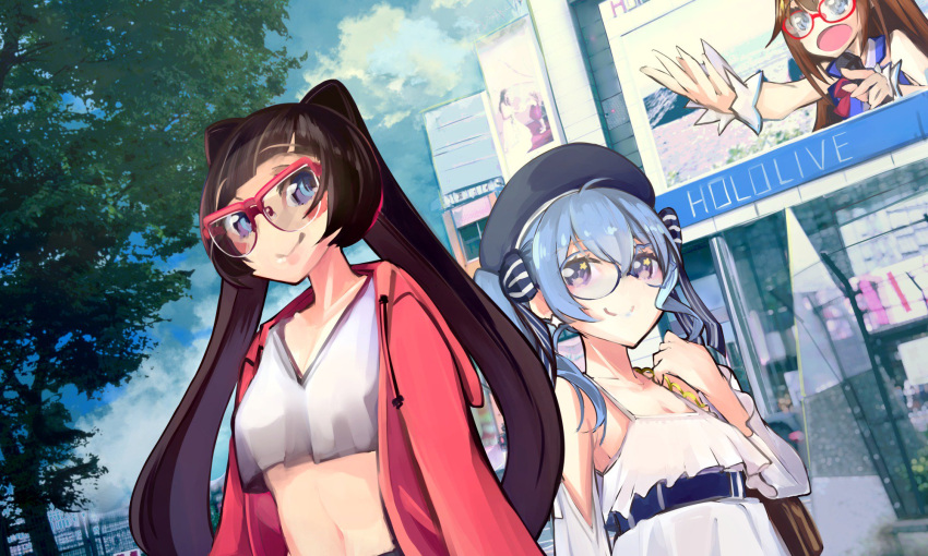 3girls ahoge alternate_costume azki_(vsinger) azki_channel bangs beret billboard black_hair blue-framed_eyewear blue_eyes blue_hair blue_headwear blue_sky blunt_bangs brown_hair building clouds collarbone detached_sleeves earrings eyebrows_visible_through_hair facepaint glasses hat highres hololive hoshimachi_suisei jewelry long_hair microphone midriff misonodenpati multiple_girls navel open_mouth outdoors pink-framed_eyewear red-framed_eyewear sky smile star star_earrings suisei_channel symbol-shaped_pupils tokino_sora tokino_sora_channel tree twintails violet_eyes white_sleeves