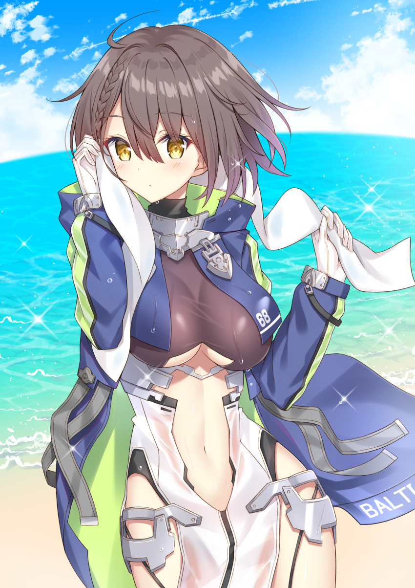 1girl absurdres azur_lane baltimore_(azur_lane) beach black_hair blue_jacket blue_sky braid breasts center_opening closed_mouth clouds cloudy_sky cowboy_shot day glint gloves hands_up highres holding horizon jacket large_breasts long_sleeves looking_at_viewer navel ocean outdoors short_hair sky solo standing takeg05 towel water wet wet_clothes white_gloves yellow_eyes