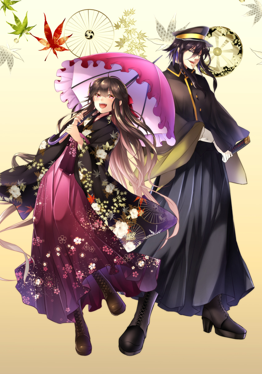 1boy 1girl :d alternate_costume amakasu_masahiko black_hair boots brown_hair commentary_request cross-laced_footwear crossover eyebrows_visible_through_hair fate/grand_order fate_(series) floral_print gloves hat highres japanese_clothes katana kimono koha-ace lace-up_boots leaf leaf_print long_hair maple_leaf maple_leaf_print mia_(gute-nacht-07) oda_nobunaga_(fate) open_mouth parasol peaked_cap smile soushuu_senshinkan_gakuen_hachimyoujin sword umbrella upper_teeth violet_eyes weapon white_gloves