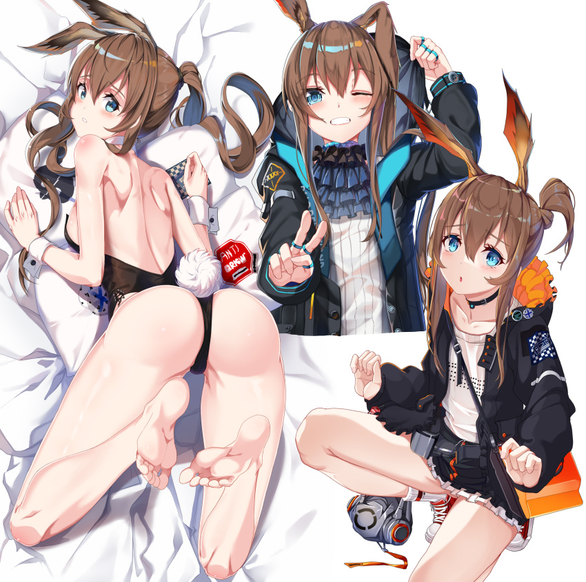 1girl ;d absurdres amiya_(arknights) animal_ears arknights ass back bangs bare_legs bare_shoulders barefoot bed_sheet black_jacket black_leotard black_skirt blue_eyes blush breasts brown_hair bunny_girl bunny_tail bunnysuit clenched_teeth detached_collar eyebrows_visible_through_hair feet frilled_skirt frills from_behind full_body gatari hair_between_eyes highres hood hooded_jacket jacket legs_up leotard long_hair long_sleeves looking_at_viewer looking_back lying miniskirt multiple_views no_shoes on_bed on_stomach one_eye_closed open_clothes open_jacket open_mouth rabbit_ears revision shoes shoulder_blades sideboob sidelocks skirt small_breasts smile sneakers socks soles strapless strapless_leotard tail teeth thighs thumb_ring toes v white_legwear wrist_cuffs