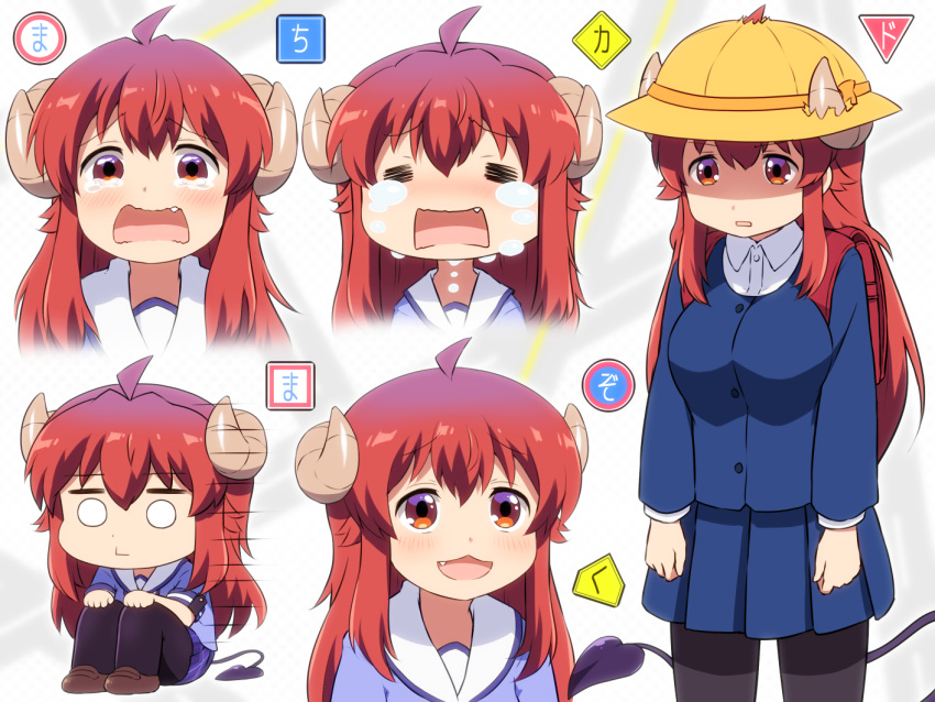 1girl :d =_= ahoge backpack bag black_legwear blue_jacket blue_shirt blue_skirt breasts brown_eyes brown_footwear brown_hair chibi closed_mouth collared_shirt commentary_request crying curled_horns demon_girl demon_horns demon_tail dress_shirt fang hands_on_own_knees hat horns horns_through_headwear jacket loafers long_hair machikado_mazoku medium_breasts o_o open_mouth pantyhose pleated_skirt randoseru sailor_collar school_hat school_uniform serafuku shirosato shirt shoes sitting skirt smile solo tail tears translated very_long_hair wavy_mouth white_sailor_collar white_shirt yellow_headwear yoshida_yuuko_(machikado_mazoku)