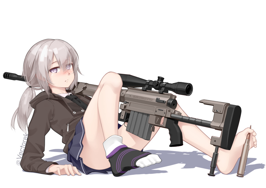 1girl absurdres bare_legs barefoot between_toes bolt_action cheytac_m200 commentary convenient_leg eyebrows_visible_through_hair eyes_visible_through_hair feet girls_frontline grey_eyes gun highres jacket knee_up legs looking_at_viewer m200_(girls_frontline) miniskirt ponytail revision rifle school_uniform silver_hair simple_background single_sock skirt sniper_rifle socks soles solo thighs toes twitter_username vectorek weapon white_background