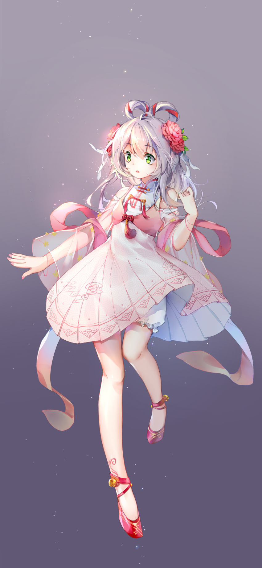 1girl absurdres chinese_clothes flower green_eyes grey_hair hair_flower hair_ornament hair_rings hair_tubes highres long_hair low_twintails luo_tianyi rokusai shoes short_hair sidelocks skirt thigh-highs twintails vocaloid vocanese
