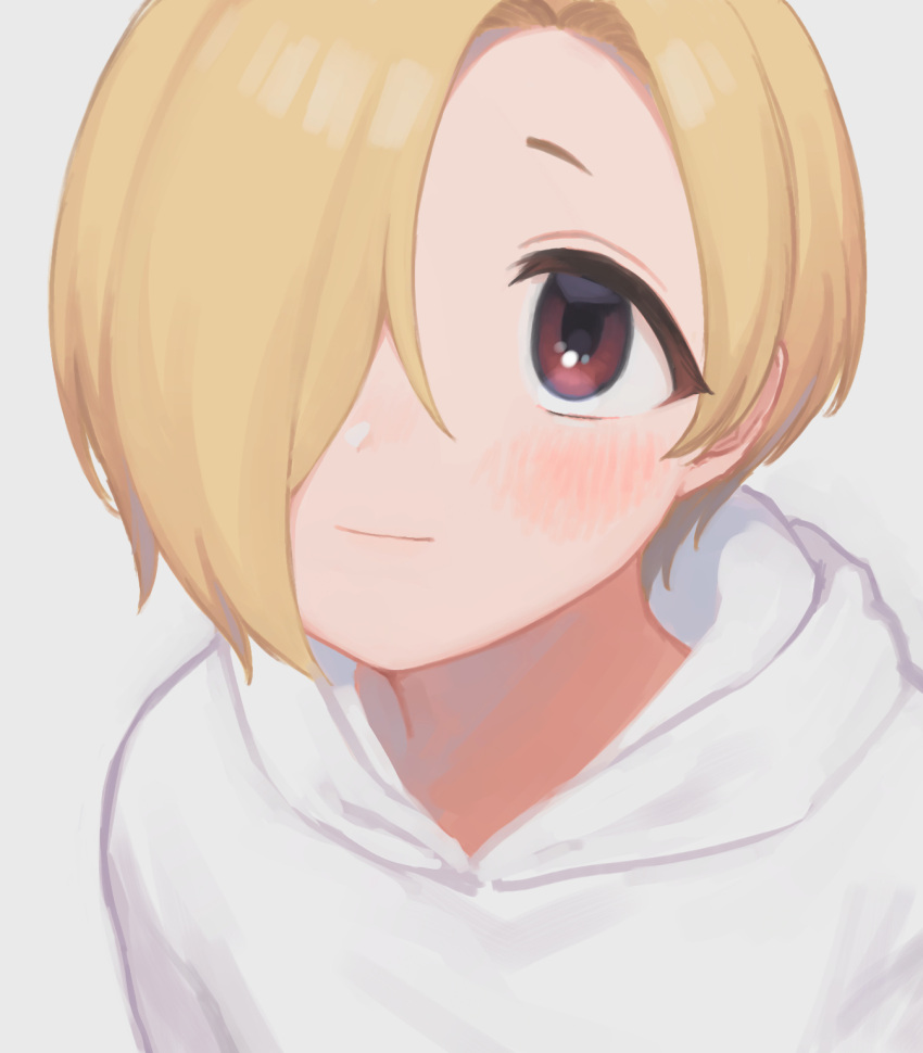 1girl blonde_hair blush brown_eyes cho628 commentary_request face hair_over_one_eye highres idolmaster idolmaster_cinderella_girls looking_at_viewer shirasaka_koume short_hair simple_background smile solo white_background white_hoodie