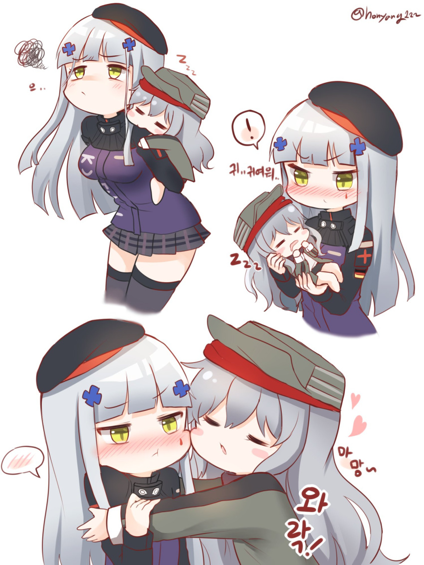 ! 2girls baby_carry bangs beret black_headwear blunt_bangs blush carrying child_carry closed_eyes embarrassed g11_(girls_frontline) girls_frontline green_eyes hair_ornament hat heart highres hk416_(girls_frontline) honyang jacket korean_commentary korean_text long_hair multiple_girls piggyback silver_hair sleeping speech_bubble spoken_exclamation_mark teardrop translation_request twitter_username younger zzz