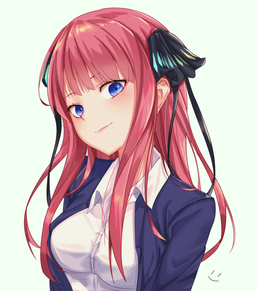 1girl bangs black_ribbon blue_eyes blue_jacket blunt_bangs blush breasts closed_mouth commentary_request eyebrows_visible_through_hair go-toubun_no_hanayome hair_ornament hair_ribbon highres jacket large_breasts long_hair looking_at_viewer nakano_nino pink_hair redhead ribbon shirt simple_background smile smile_(dcvu7884) smiley_face solo white_background white_shirt
