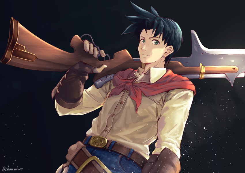 1boy absurdres ashley_winchester bangs bayonet belt black_background blue_eyes blue_hair brown_gloves chamu_(chammkue) closed_mouth gloves highres looking_at_viewer male_focus over_shoulder parted_bangs red_scarf scarf shirt simple_background smile solo spiky_hair upper_body weapon weapon_over_shoulder white_shirt wild_arms wild_arms_2