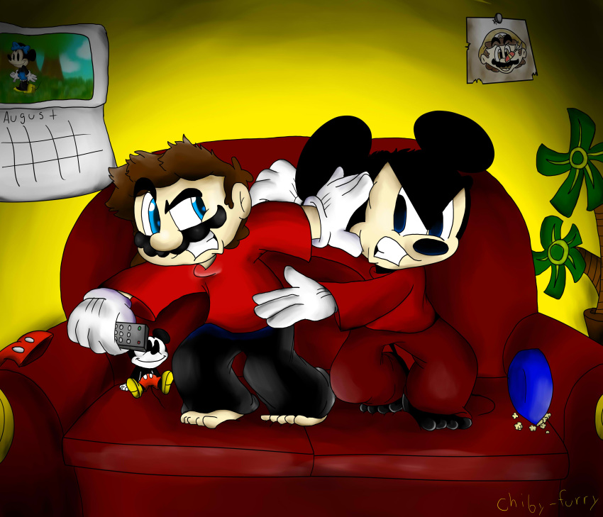 2boys angry animal artist_name bowl calendar_(object) character_doll chiby-furry crossover deviantart deviantart_username disney fighting food human look-alike looking_at_another mario super_mario_bros. mickey_mouse mickey_mouse_(series) mickey_mouse_and_friends minnie_mouse mouse mouse_ears moustache nintendo nintendo_ead pajamas popcorn poster_(object) remote_control shorts sofa super_smash_bros. teeth trait_connection tree wario