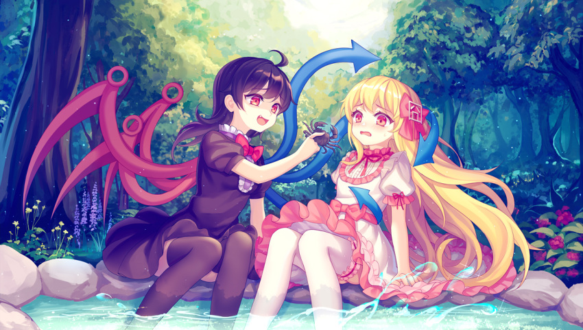 2girls :d ahoge arm_support asymmetrical_wings bangs black_dress black_hair black_legwear blonde_hair blue_wings blush bow bowtie center_frills chinese_commentary commentary_request crab dress eyebrows_visible_through_hair fang feet_out_of_frame flower forest hair_bow hair_ornament holding houjuu_nue keisenko leg_garter long_hair looking_at_another mirror_(xilu4) multiple_girls nature neck_ribbon open_mouth original outdoors pink_sash puffy_short_sleeves puffy_sleeves purple_flower red_bow red_eyes red_flower red_neckwear red_ribbon red_wings ribbon rock sash short_dress short_sleeves sitting smile soaking_feet sweat thigh-highs touhou tree very_long_hair water white_dress white_legwear wings yellow_flower