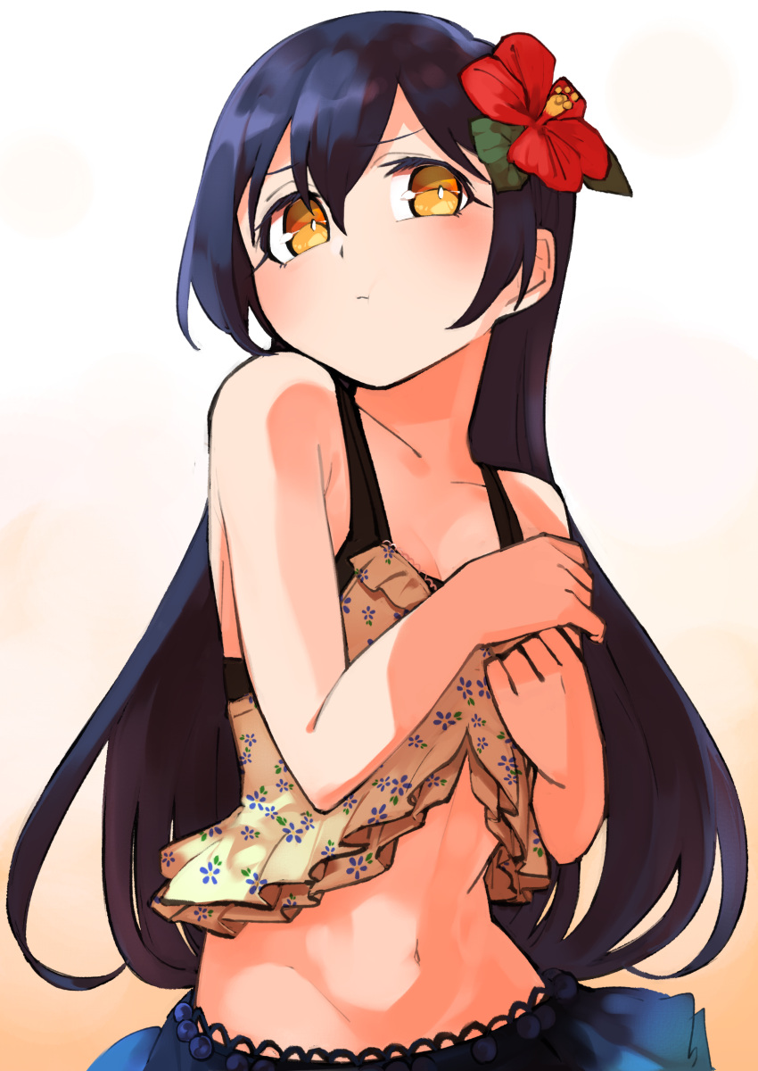 1girl absurdres bangs bikini blue_hair blush closed_mouth commentary_request eyebrows_visible_through_hair flower frilled_bikini frills goe_(g-o-e) hair_between_eyes hair_flower hair_ornament hands_on_own_chest highres long_hair looking_at_viewer love_live! love_live!_school_idol_festival love_live!_school_idol_project navel pout simple_background solo sonoda_umi standing swimsuit white_background yellow_eyes