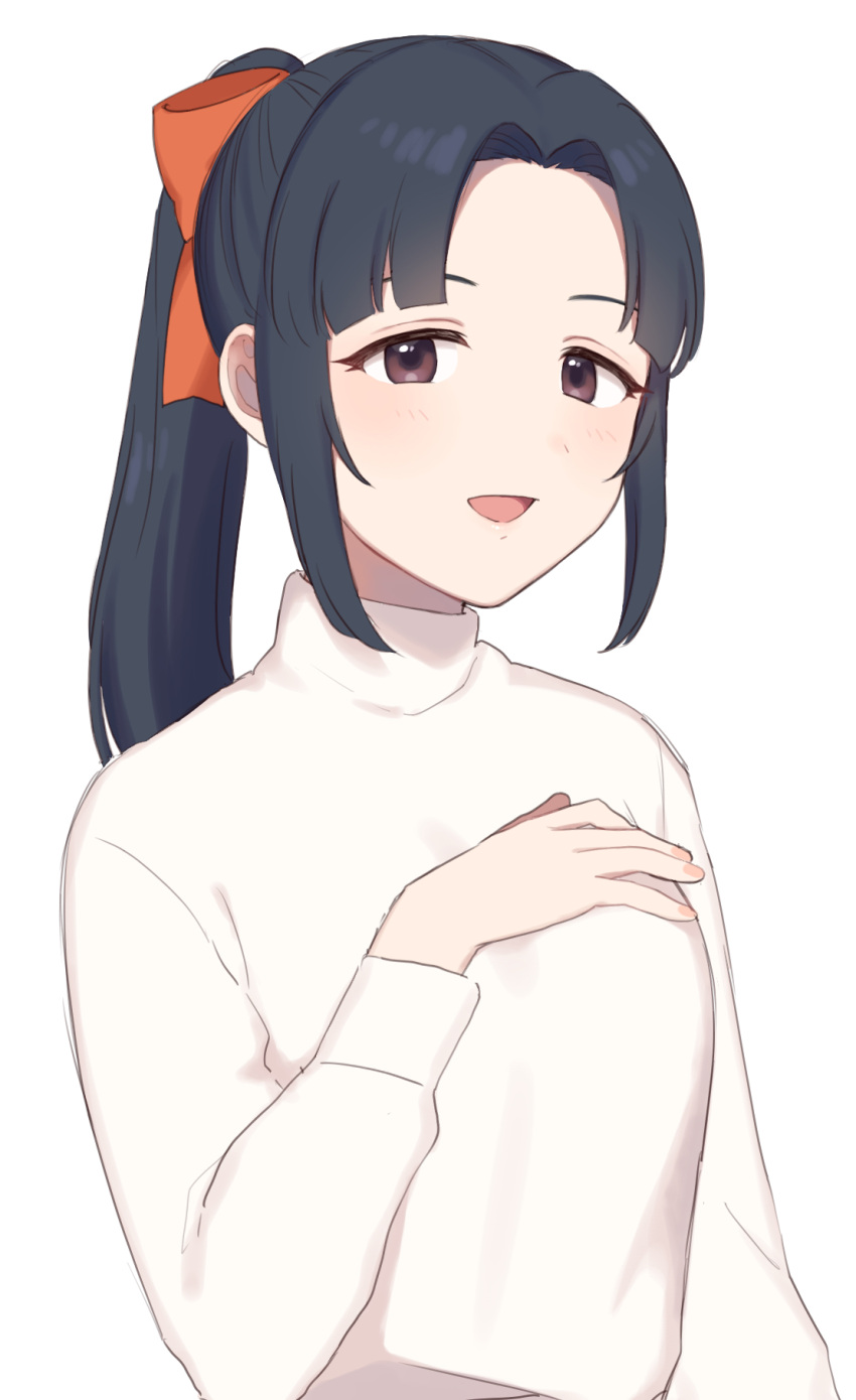 1girl bangs black_hair blush bow breasts character_request cho628 commentary_request hair_bow hair_ornament highres idolmaster idolmaster_cinderella_girls long_sleeves looking_at_viewer medium_breasts open_mouth parted_bangs red_bow simple_background solo sweater white_background white_sweater