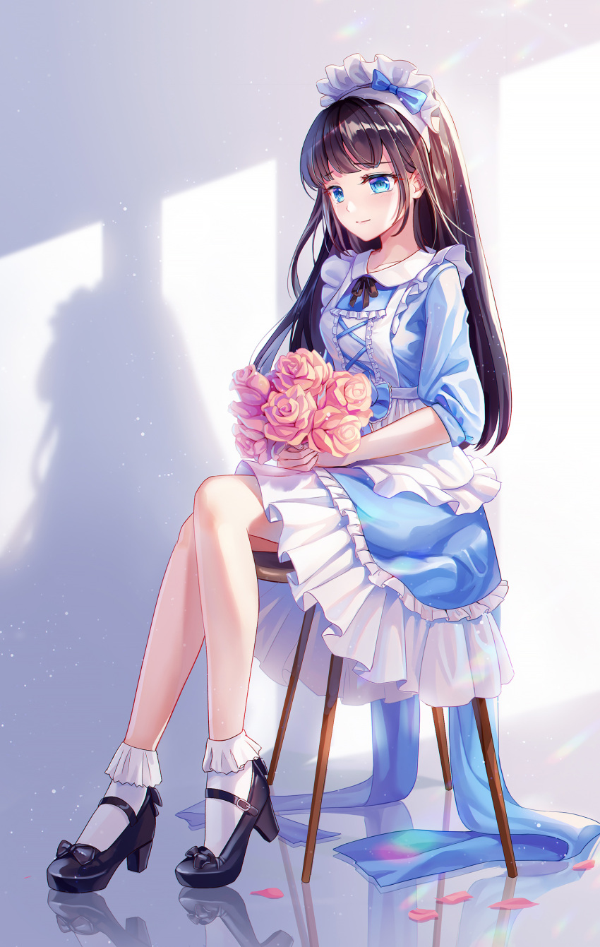 1girl absurdres apron bangs black_hair black_legwear blue_bow blue_eyes blunt_bangs bobby_socks bow chair commentary_request crossed_legs eyebrows_visible_through_hair flower frill_trim frills highres lalazyt light_smile long_hair maid maid_apron maid_dress maid_headdress mary_janes original petals pink_flower reflective_floor revision ribbon shoes sidelocks sitting socks sunlight tail tail_ribbon white_apron white_legwear