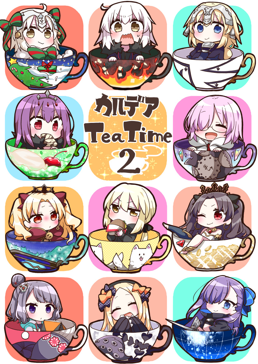 6+girls :d ;) ^_^ abigail_williams_(fate/grand_order) absurdres artoria_pendragon_(all) bangs black_dress black_hair black_jacket black_ribbon blonde_hair blue_bow blue_dress blue_jacket blue_legwear blush bow braid brown_eyes cape capelet chibi closed_eyes closed_mouth commentary_request cover cover_page cup dress eating ereshkigal_(fate/grand_order) eyebrows_visible_through_hair facing_viewer fate/extra fate/extra_ccc fate/grand_order fate_(series) food fur-trimmed_capelet fur-trimmed_jacket fur_trim green_bow green_ribbon grey_jacket hair_between_eyes hair_bow hair_over_one_eye hair_ribbon hamburger head_tilt headpiece highres holding holding_food hood hood_down hooded_jacket huge_filesize in_container in_cup ishtar_(fate/grand_order) jacket jako_(jakoo21) jeanne_d'arc_(alter)_(fate) jeanne_d'arc_(fate) jeanne_d'arc_(fate)_(all) jeanne_d'arc_alter_santa_lily katsushika_hokusai_(fate/grand_order) long_hair long_sleeves looking_at_viewer mash_kyrielight meltryllis multiple_girls necktie one_eye_closed open_clothes open_jacket open_mouth pink_hair puffy_sleeves purple_hair red_bow red_cape red_eyes red_neckwear ribbon saber_alter scathach_(fate)_(all) scathach_skadi_(fate/grand_order) single_braid single_thighhigh sleeves_past_fingers sleeves_past_wrists smile sparkle striped striped_bow striped_ribbon thigh-highs tiara toeless_legwear two_side_up v-shaped_eyebrows wavy_mouth white_capelet white_hair wicked_dragon_witch_ver._shinjuku_1999