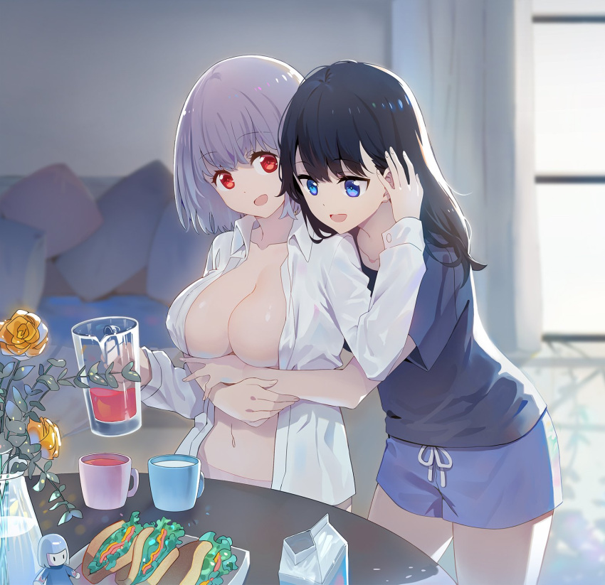 bangs black_hair blue_eyes breasts collarbone cup curtains eyebrows_visible_through_hair flower food glass highres hug hug_from_behind indoors lavender_hair long_sleeves open_clothes open_mouth open_shirt panties pillow red_eyes sandwich shinjou_akane shirt shorts ssss.gridman takarada_rikka underwear usamin_(artist) vase