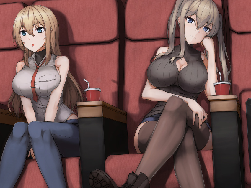 2girls alternate_costume bare_shoulders bismarck_(kantai_collection) blonde_hair blue_eyes blue_pants boots breasts brown_footwear brown_legwear brown_shirt chair cleavage_cutout commentary_request cup disposable_cup drinking_straw ghound graf_zeppelin_(kantai_collection) grey_eyes hair_between_eyes highres kantai_collection large_breasts long_hair multiple_girls pants revision shirt sidelocks sitting sleeveless sleeveless_shirt thigh-highs twintails white_shirt