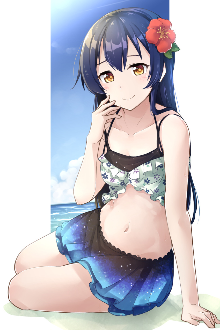 1girl arm_support bangs bikini bikini_skirt blue_hair blush commentary_request flower frilled_bikini frilled_skirt frilled_swimsuit frills hair_between_eyes hair_flower hair_ornament hand_on_own_cheek highres long_hair looking_at_viewer love_live! love_live!_school_idol_project morugen simple_background sitting skirt smile solo sonoda_umi swimsuit yellow_eyes