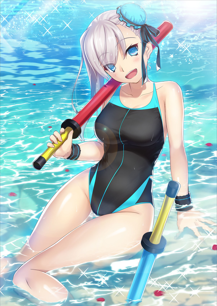 1girl bangs black_swimsuit blue_eyes breasts bun_cover collarbone competition_swimsuit eyebrows_visible_through_hair fate/grand_order fate_(series) hair_bun highleg highleg_swimsuit highres large_breasts long_hair looking_at_viewer miyamoto_musashi_(swimsuit_berserker)_(fate) one-piece_swimsuit open_mouth partially_submerged pink_hair sitting solo swept_bangs swimsuit wet yoshida_takuma