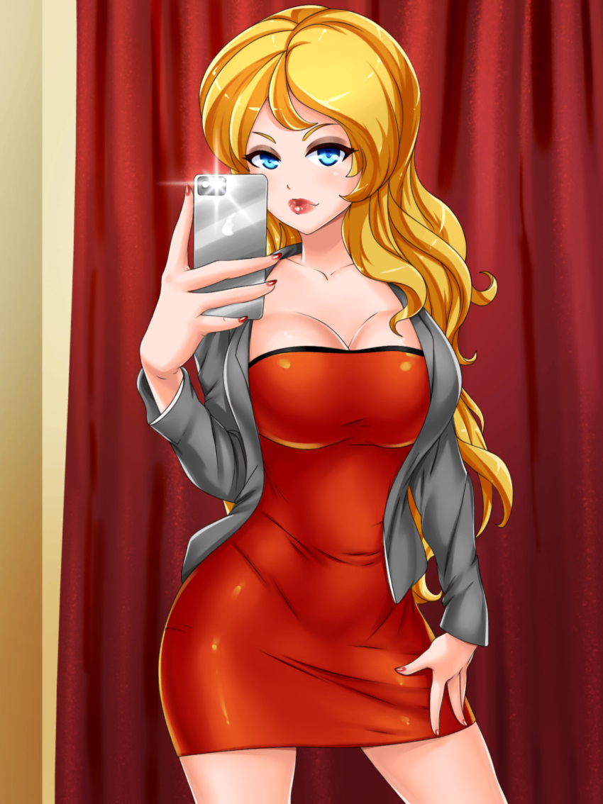1girl artist_request blonde_hair blue_eyes breasts cellphone closed_mouth collarbone cowboy_shot curtains date_crush_stories dress flashing game_cg grey_jacket hand_on_thigh highres holding jacket lipstick long_hair long_sleeves looking_at_viewer makeup mirror_image nail_polish phone red red_dress red_nails rose_(date_crush_stories) self_shot short_dress sleeveless sleeveless_dress smartphone solo standing thighs