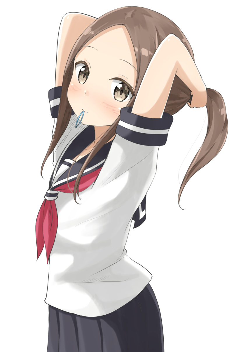 1girl aikawa_ryou arms_up bangs black_sailor_collar black_skirt blush brown_eyes brown_hair closed_mouth collarbone commentary_request eyebrows_visible_through_hair forehead hair_tie hair_tie_in_mouth highres karakai_jouzu_no_takagi-san long_hair mouth_hold neckerchief parted_bangs pleated_skirt ponytail red_neckwear sailor_collar school_uniform serafuku shirt short_sleeves sidelocks simple_background skirt smile solo takagi-san tying_hair white_background white_shirt