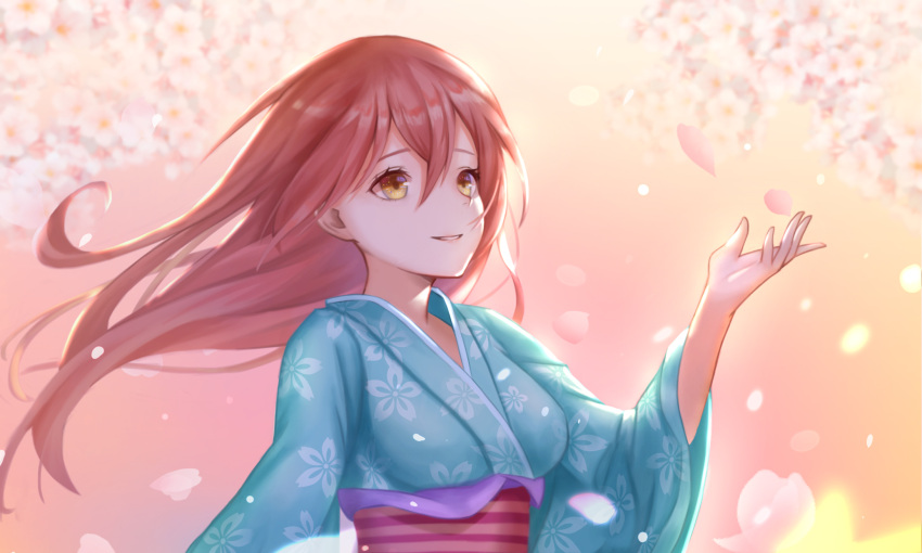 1girl bangs blue_kimono breasts cherry_blossoms commentary_request floral_print hair_between_eyes highres japanese_clothes kimono large_breasts long_hair original parted_lips redhead smile smile_(dcvu7884) solo upper_body wide_sleeves yellow_eyes