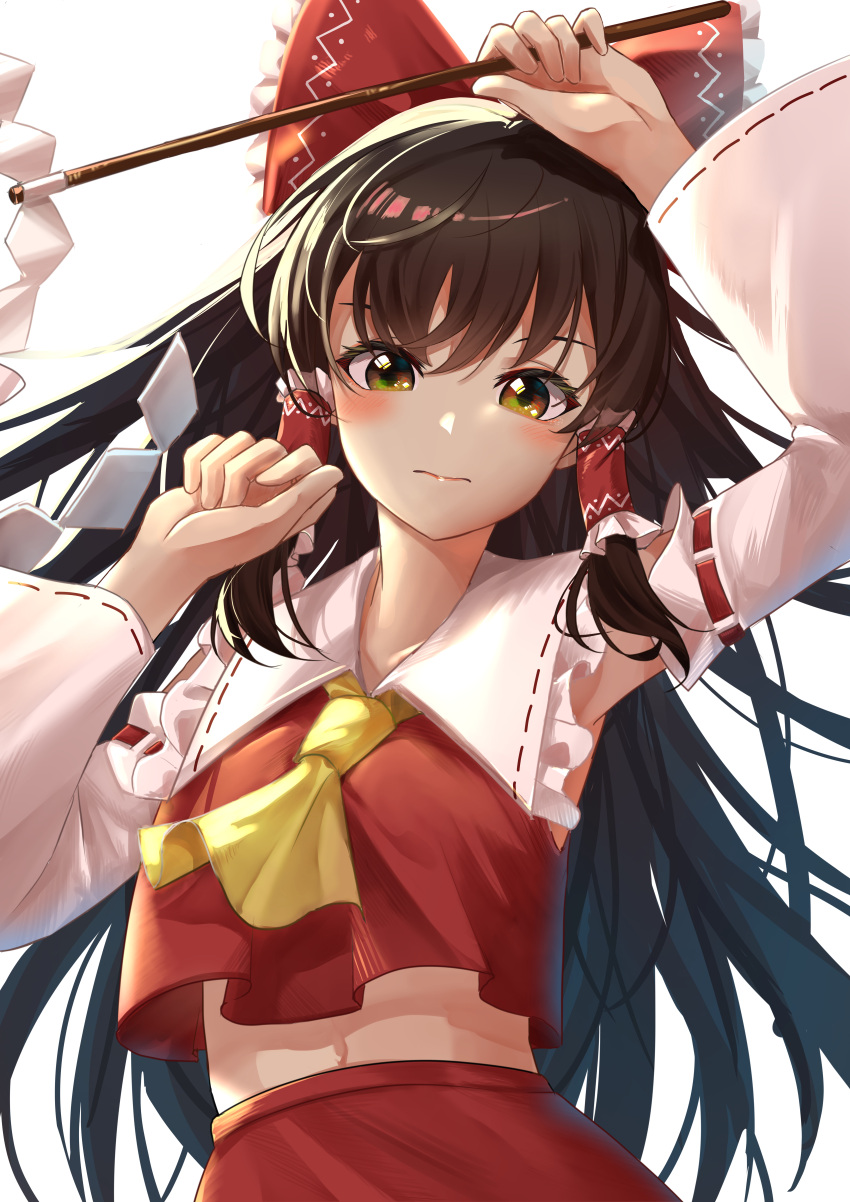 1girl absurdres arm_above_head arm_up armpit_peek ascot bangs bow brown_eyes brown_hair closed_mouth commentary_request detached_sleeves expressionless eyebrows_behind_hair frilled_bow frilled_shirt_collar frills gohei hair_between_eyes hair_bow hakurei_reimu hand_up highres holding holding_stick hp2 huge_filesize long_hair long_sleeves looking_at_viewer midriff navel red_bow red_skirt red_vest simple_background skirt solo stick touhou upper_body very_long_hair vest white_background wide_sleeves yellow_neckwear