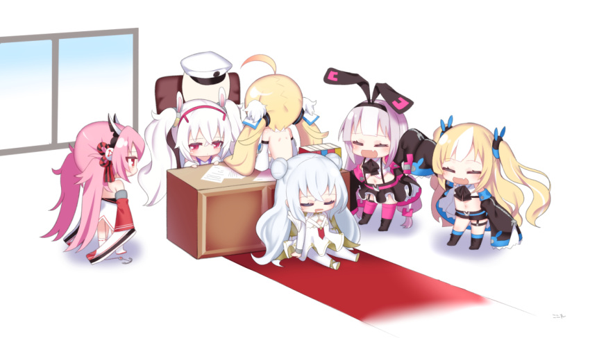 6+girls :d ahoge animal_ears azur_lane bangs black_footwear black_hairband black_jacket black_ribbon black_skirt blonde_hair blue_legwear blush book boots chair chibi closed_eyes closed_mouth commander_(azur_lane) commentary_request desk double_bun dress drooling eldridge_(azur_lane) eyebrows_visible_through_hair fang hair_between_eyes hair_ribbon hairband hamakaze_(azur_lane) hat headgear hobby_(azur_lane) jacket kalk_(azur_lane) kneehighs koko_ne_(user_fpm6842) laffey_(azur_lane) le_malin_(azur_lane) long_hair long_sleeves looking_away mouth_drool multicolored_hair multiple_girls office_chair on_chair open_clothes open_jacket open_mouth pantyhose peaked_cap pink_hair pink_legwear pleated_skirt profile rabbit_ears red_eyes red_hairband ribbon silver_hair sitting skirt sleeping sleeves_past_fingers sleeves_past_wrists smile standing streaked_hair thigh-highs twintails two_side_up very_long_hair white_background white_camisole white_dress white_hair white_headwear white_legwear wide_sleeves window