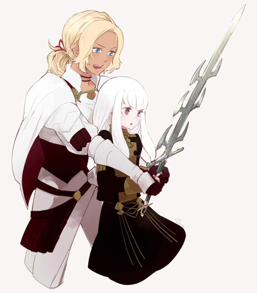 2girls armor blonde_hair blue_eyes catherine_(fire_emblem) dark_skin fire_emblem fire_emblem:_three_houses gloves highres holding holding_sword holding_weapon long_hair long_sleeves lysithea_von_ordelia mamegohan multiple_girls open_mouth pink_eyes simple_background sword uniform weapon white_background white_hair