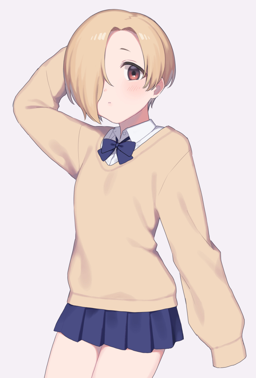 1girl beige_sweater blonde_hair blue_bow blue_skirt blush bow brown_eyes cho628 commentary_request hair_over_one_eye highres idolmaster idolmaster_cinderella_girls looking_at_viewer school_uniform shirasaka_koume shirt short_hair simple_background skirt sleeves_past_fingers sleeves_past_wrists solo white_background white_shirt