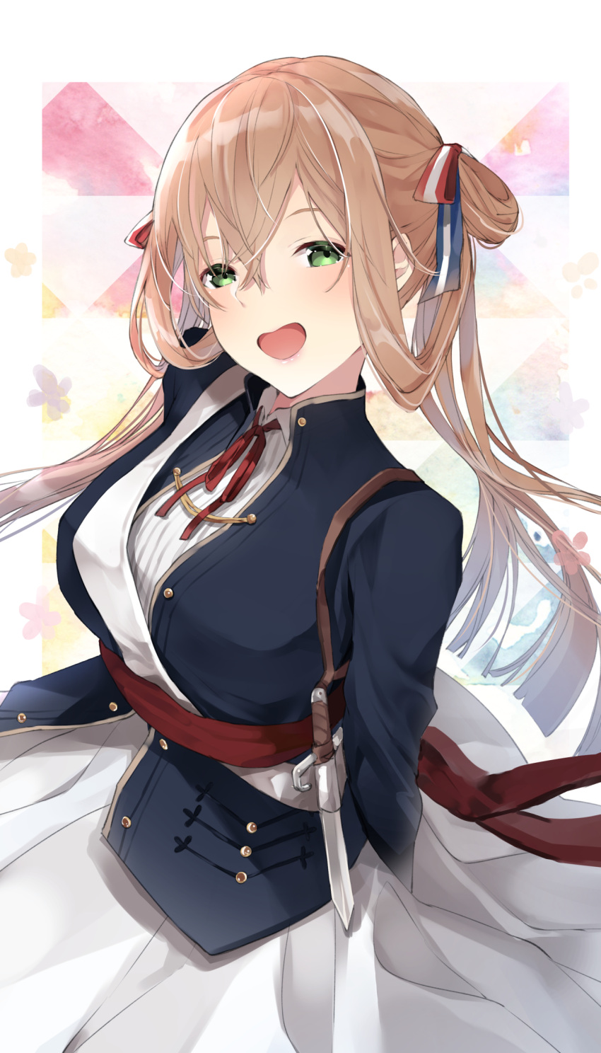 1girl :d arms_behind_back bangs blazer blue_jacket blush breasts brown_hair dress eyebrows_visible_through_hair girls_frontline green_eyes hair_between_eyes hair_ribbon hair_rings head_tilt highres jacket large_breasts long_hair looking_at_viewer m1903_springfield_(girls_frontline) neck_ribbon open_mouth ribbon sakippo_(sakippo0) sash shirt sidelocks smile solo sword twintails upper_body weapon white_dress