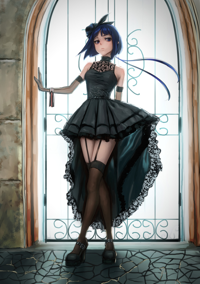 1girl black_dress black_footwear black_legwear blue_eyes blue_hair bow breasts dress elbow_gloves full_body garter_straps gloves hair_bow highres indoors looking_at_viewer ryohhe small_breasts solo standing thigh-highs window