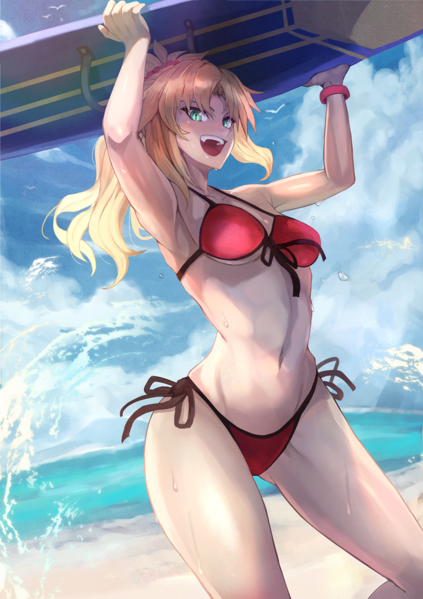 1girl bangs bikini blonde_hair braid breasts clouds commentary_request day fate/grand_order fate_(series) from_below green_eyes highres holding long_hair looking_at_viewer mordred_(fate)_(all) mordred_(swimsuit_rider)_(fate) navel ohako_(ohako1818) parted_bangs ponytail red_bikini side-tie_bikini smile solo surfboard swimsuit water