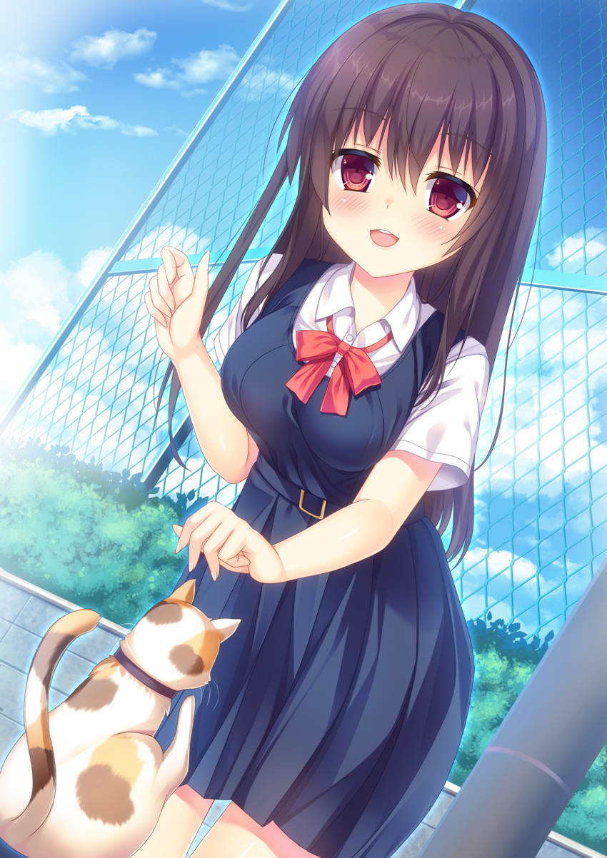 1girl 1other :d animal bangs blue_dress blue_sky blush bow breasts brown_hair bush cat chain-link_fence clouds collared_shirt commentary_request day dress dress_shirt dutch_angle eyebrows_visible_through_hair fence fingernails hair_between_eyes hand_up highres human leaning_forward long_hair medium_breasts moe open_mouth original original_character outdoors pinafore_dress pleated_dress red_bow red_eyes round_teeth school_uniform shirt sky sleeveless sleeveless_dress smile solo teeth umitonakai upper_teeth very_long_hair white_shirt