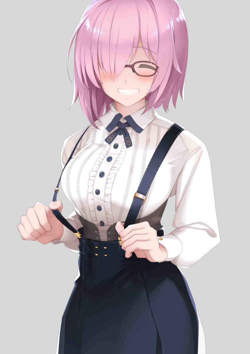 1girl absurdres blush breasts closed_eyes commentary_request eyebrows_visible_through_hair fate/grand_order fate_(series) fk glasses grin hair_over_one_eye highres large_breasts lavender_hair long_sleeves looking_at_viewer mash_kyrielight purple_hair shirt short_hair skirt smile solo suspenders white_shirt