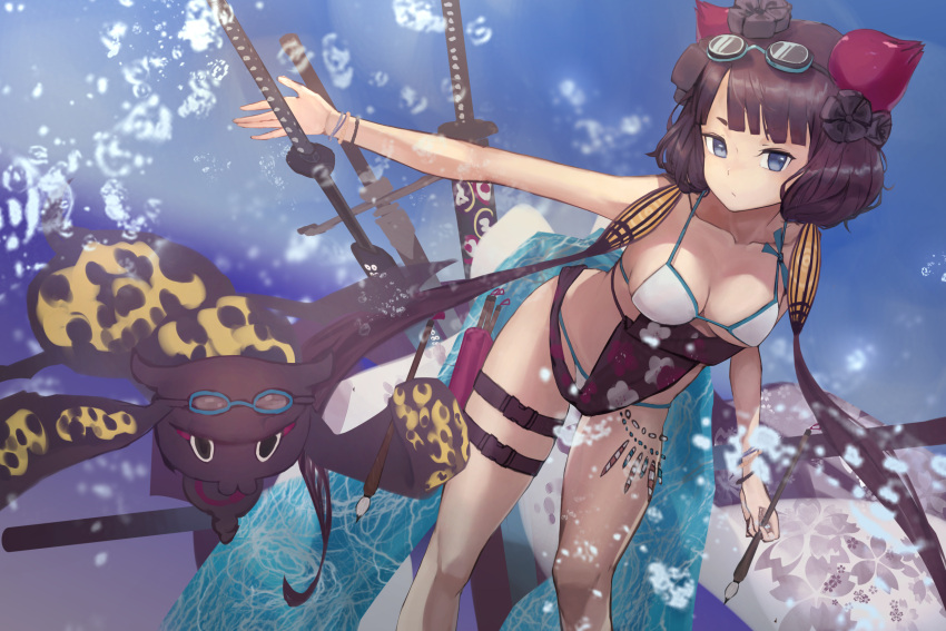 1girl aito bangs bare_shoulders beads belt bikini blue_sky breasts calligraphy_brush closed_mouth collarbone fate/grand_order fate_(series) floral_print flower goggles goggles_on_head hair_flower hair_ornament highres holding holding_paintbrush katana katsushika_hokusai_(fate/grand_order) katsushika_hokusai_(swimsuit_saber)_(fate) leaning_forward looking_at_viewer medium_breasts obi octopus paintbrush pouch purple_hair sash short_hair sidelocks sky splashing swimsuit sword thighs tokitarou_(fate/grand_order) water weapon white_bikini