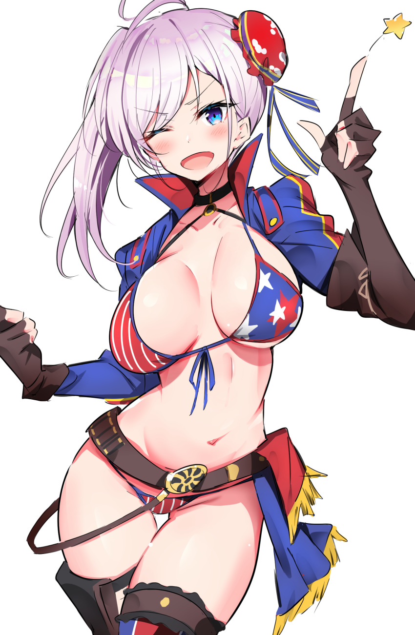 1girl absurdres american_flag_bikini asymmetrical_hair belt bikini black_gloves blue_jacket boots breasts bun_cover commentary_request cowboy_shot cropped_jacket fate/grand_order fate_(series) fingerless_gloves flag_print gloves green_eyes hair_bun highres ichi-jirushi index_finger_raised jacket large_breasts long_hair looking_at_viewer miyamoto_musashi_(fate/grand_order) miyamoto_musashi_(swimsuit_berserker)_(fate) one_eye_closed pink_hair side_ponytail smile solo swimsuit thigh-highs thigh_boots