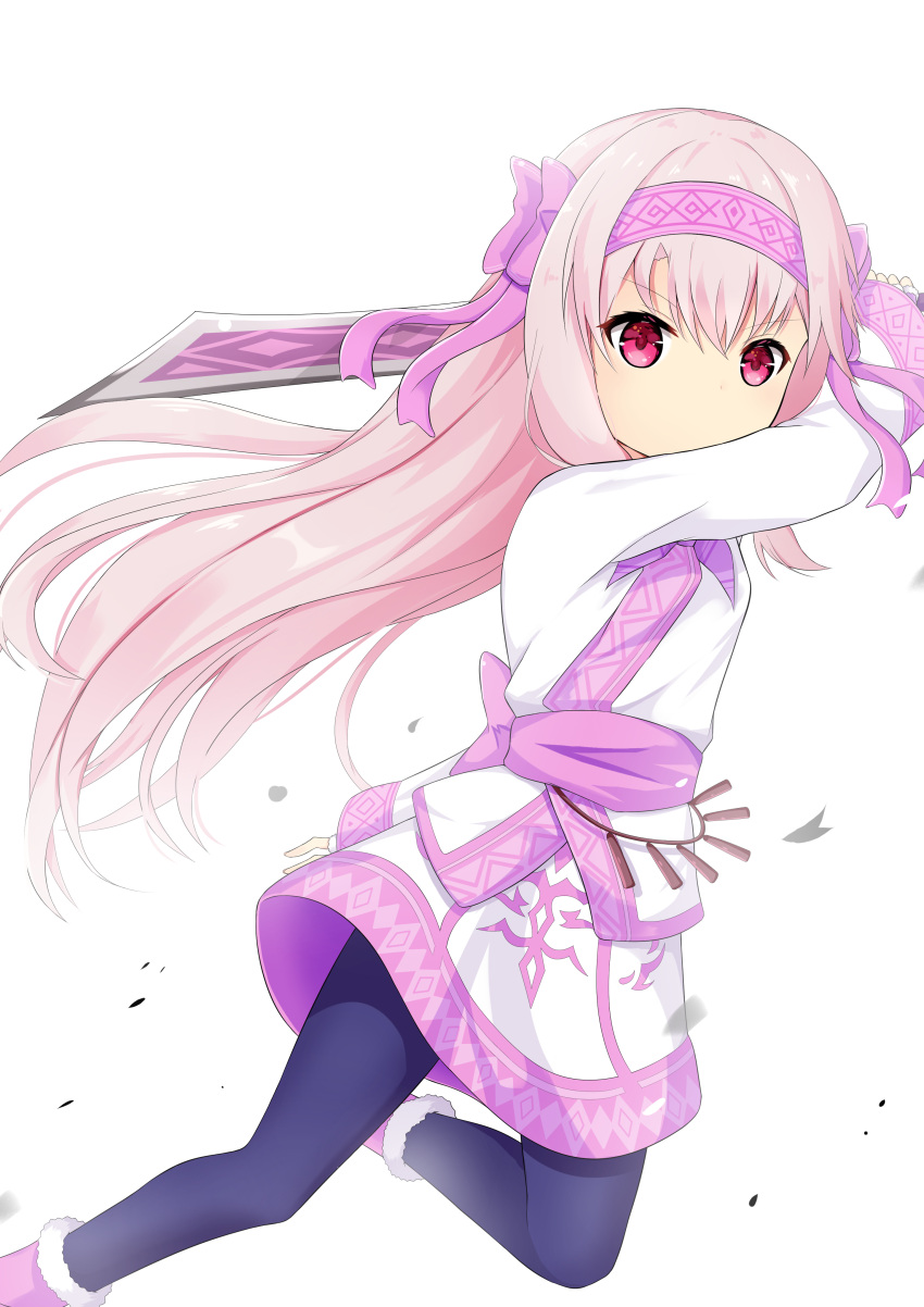 1girl absurdres ainu_clothes bangs black_legwear blush boots bow eyebrows_visible_through_hair fate/grand_order fate_(series) fur_trim hair_between_eyes hair_bow hair_ornament hairband highres holding holding_sword holding_weapon ka03 long_hair long_sleeves looking_at_viewer pantyhose pink_bow red_eyes simple_background sitonai solo sword very_long_hair weapon white_background