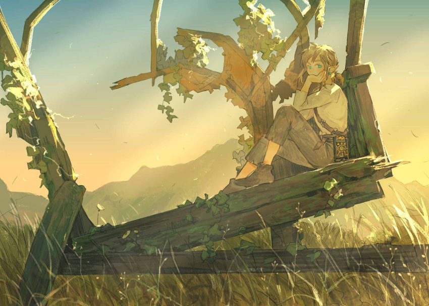 1boy blue_eyes chin_rest earrings foliage grass highres jewelry lingcod_dayu link long_hair looking_at_viewer pants ponytail ruins scenery sheikah_slate shoes sitting sunlight the_legend_of_zelda the_legend_of_zelda:_breath_of_the_wild tunic