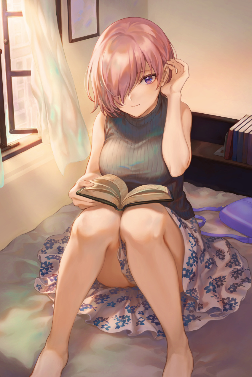 1girl absurdres bag bare_legs barefoot blush book bookshelf breasts casual closed_mouth curtains fate/grand_order fate_(series) floral_print grey_sweater hair_over_one_eye hair_tucking handbag highres holding holding_book indoors knees_together_feet_apart large_breasts looking_at_viewer mash_kyrielight mashuu_(neko_no_oyashiro) on_bed pink_hair ribbed_sweater short_hair signature sitting skirt smile solo sweater sweater_vest turtleneck turtleneck_sweater twitter_username violet_eyes white_skirt wind window