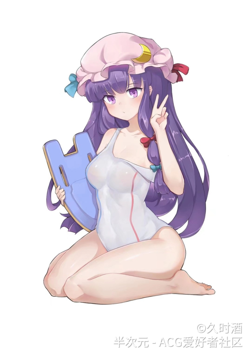1girl bangs bare_arms bare_legs bare_shoulders barefoot blush breasts chinese_commentary collarbone commentary_request crescent crescent_hair_ornament eyebrows_visible_through_hair grey_swimsuit hair_ornament hand_up hat hat_ribbon highres holding jiushijiu long_hair looking_at_viewer medium_breasts mob_cap off_shoulder one-piece_swimsuit patchouli_knowledge pink_headwear purple_hair red_ribbon ribbon simple_background sitting solo swimsuit thighs touhou v very_long_hair violet_eyes wariza white_background
