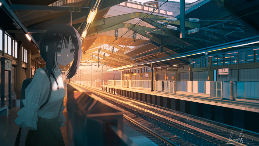 1girl absurdres artist_name backpack bag banishment brown_eyes brown_hair collared_shirt commentary_request highres huge_filesize looking_at_viewer medium_hair original power_lines puffy_sleeves railroad_tracks reiwa revision scenery shirt signature solo sunset train_station train_station_platform vanishing_point white_shirt wide_shot