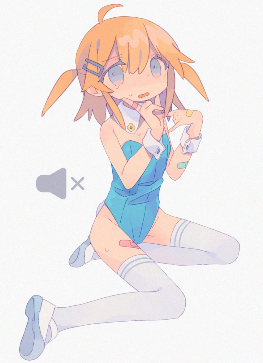 1girl \m/ ahoge bandaid bandaid_on_arm bandaid_on_finger bandaid_on_hand bangs bare_arms blonde_hair blue_eyes blue_leotard bunny_tail bunnysuit d: daizu_(melon-lemon) detached_collar eyebrows_visible_through_hair from_side full_body furrowed_eyebrows gradient_eyes grey_background groin hair_between_eyes hair_ornament hairpin hands_up highres index_finger_raised leotard looking_at_viewer multicolored multicolored_eyes muted_color nervous no_nose open_mouth original parted_lips shoe_soles shoes short_hair simple_background sitting solo strapless strapless_leotard sweat tail tareme tears thigh-highs two_side_up uwabaki volume_symbol white_footwear white_legwear wrist_cuffs yokozuwari