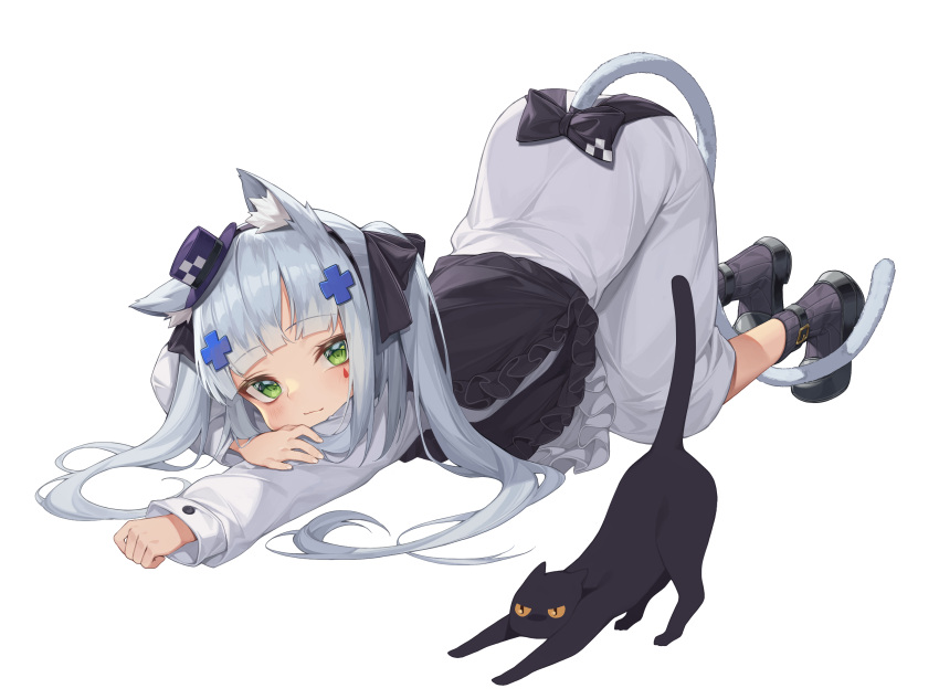 1girl absurdres animal animal_ears bangs black_bow black_cat black_footwear black_headwear black_legwear black_ribbon blunt_bangs blush bow buckle cat cat_ears cat_girl cat_tail closed_mouth dress eyebrows_visible_through_hair facial_mark fedora full_body girls_frontline green_eyes grey_dress hair_ribbon hat highres hk416_(girls_frontline) kemonomimi_mode looking_at_viewer mini_hat mokew ribbon shoes silver_hair simple_background smile socks solo tail top-down_bottom-up twintails white_background