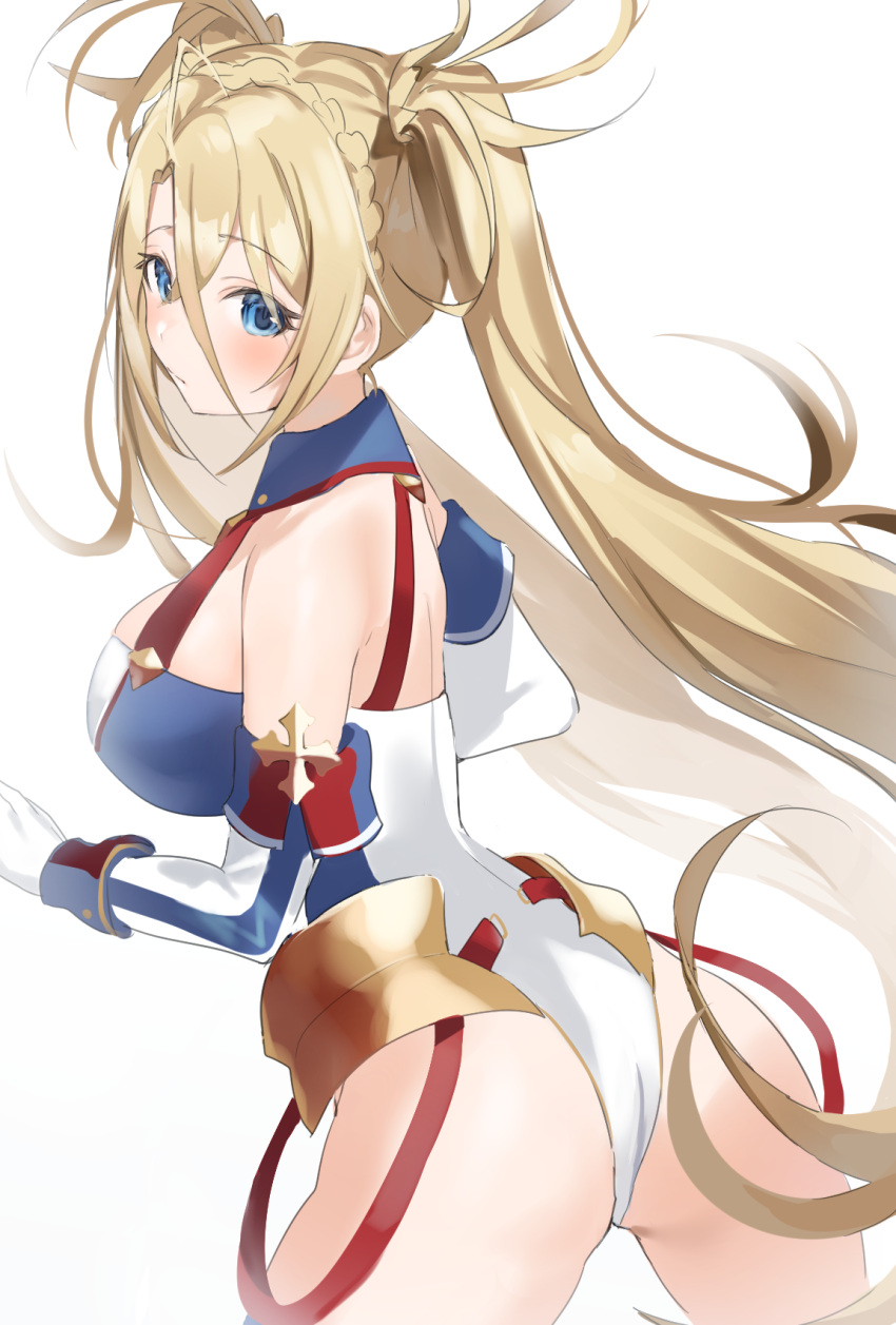 1girl ass back bangs bare_shoulders blonde_hair blue_eyes blush bradamante_(fate/grand_order) braid breasts closed_mouth crown_braid elbow_gloves fate/grand_order fate_(series) faulds gloves hair_between_eyes halterneck highleg highleg_leotard highres large_breasts leotard long_hair looking_at_viewer looking_back simple_background solo twintails two-tone_leotard very_long_hair white_background yuuko_(030_yuko)