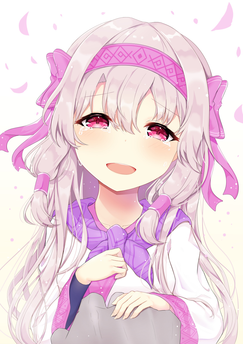 1girl absurdres ainu_clothes bangs blush bow collarbone commentary_request eyebrows_visible_through_hair fate/grand_order fate_(series) hair_between_eyes hair_bow hairband highres ka03 long_hair long_sleeves looking_at_viewer open_mouth pink_bow pink_hairband red_eyes sidelocks sitonai smile solo tears upper_teeth