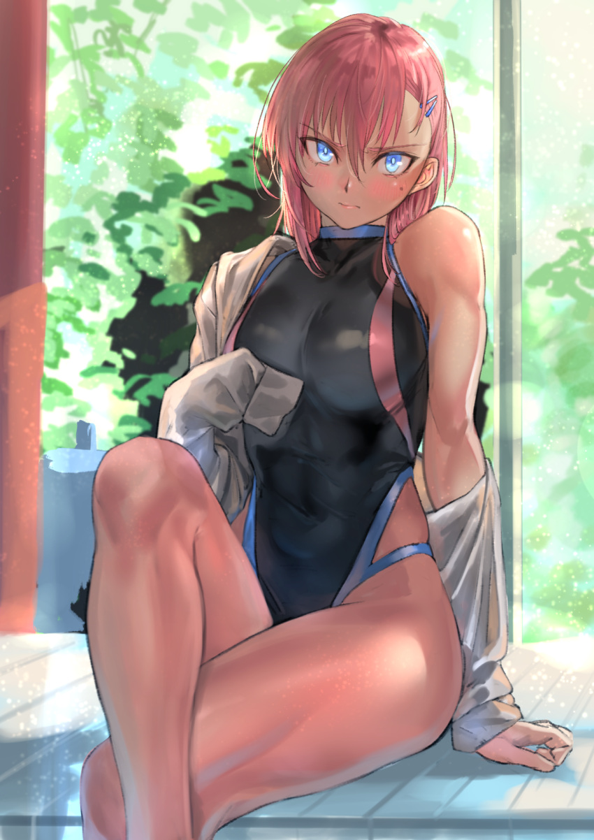 1girl blue_eyes blush competition_swimsuit crossed_legs full_body hair_ornament highres kilye_4421 looking_at_viewer medium_hair one-piece_swimsuit original redhead shirt sitting skin_tight swimsuit thighs