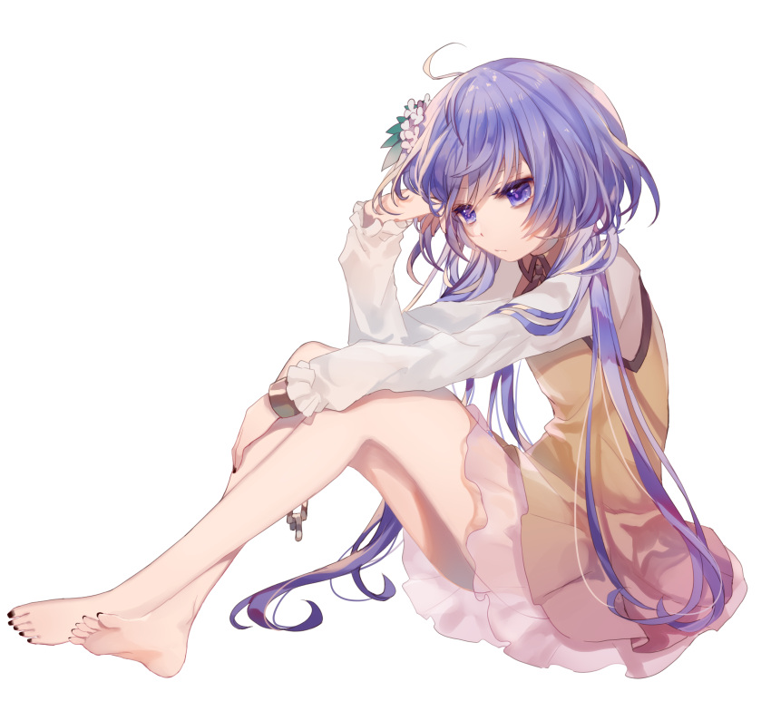 1girl absurdres ahoge artist_request bangs bare_legs barefoot chain cuffs dress flower full_body hair_flower hair_ornament hand_up highres knees_up leaf long_hair long_sleeves low_twintails petticoat purple_hair purple_nails shackles shirt short_dress sitting solo thighs toenail_polish touhou transparent_background tsukumo_benben twintails very_long_hair violet_eyes white_flower white_shirt yellow_dress