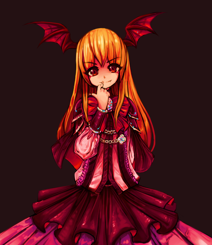 1girl artist_request bat_wings black_background blonde_hair bow dress eyebrows_visible_through_hair finger_to_mouth fingernails frilled_skirt frills gothic_lolita granblue_fantasy head_wings highres large_bow lolita_fashion long_fingernails long_hair looking_at_viewer red_bow red_dress red_eyes shadowverse shingeki_no_bahamut skirt vampire vampy wings