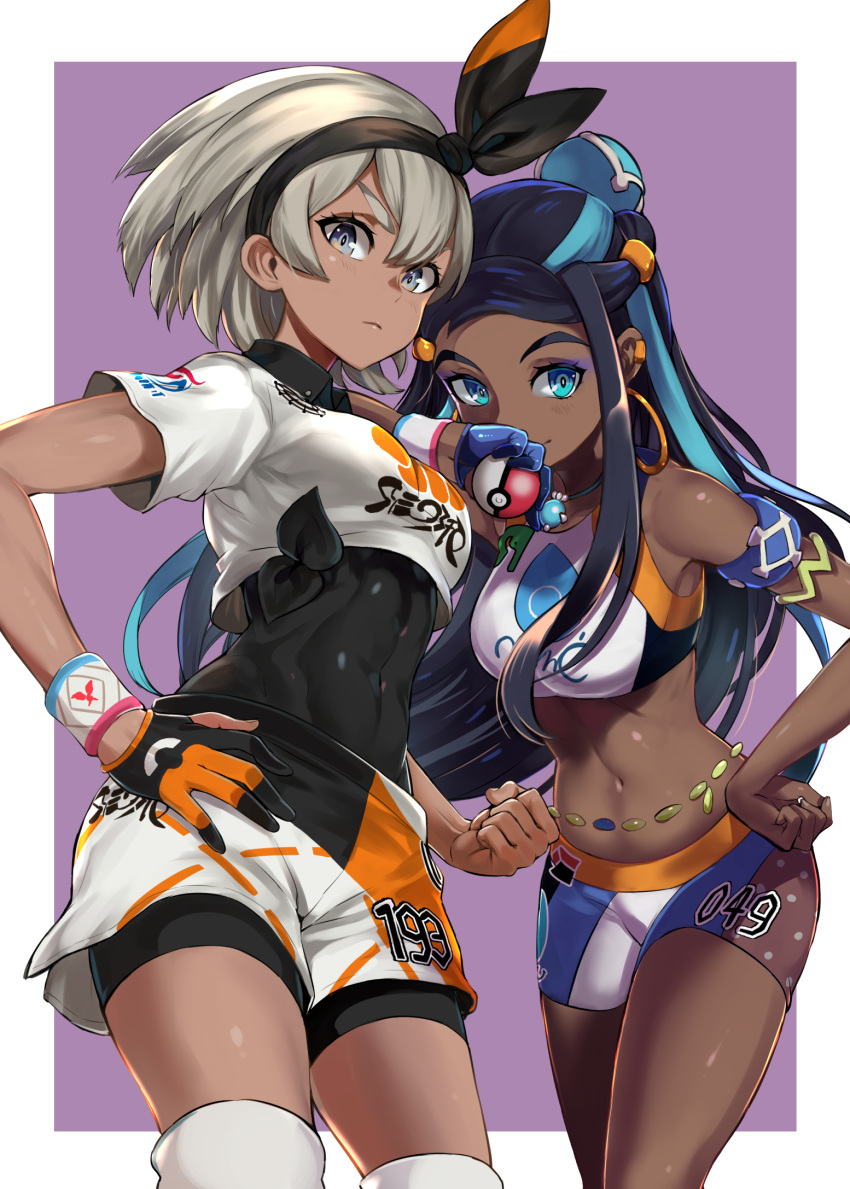 2girls abs armlet belly_chain blue_eyes blue_hair bow covered_navel dark_skin earrings eyeshadow gloves grey_hair gym_leader hair_bow hand_on_another's_shoulder hand_on_hip highres holding holding_poke_ball hoop_earrings jewelry looking_at_viewer makeup multicolored_hair multiple_girls navel poke_ball pokemon pokemon_(game) pokemon_swsh puca-rasu rurina_(pokemon) saitou_(pokemon) short_shorts shorts single_glove sleeveless smile sports_bra sportswear stomach toned two-tone_hair wristband