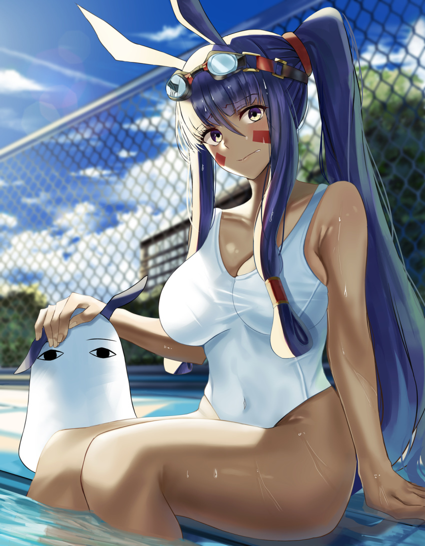 1girl animal_ears bangs bare_shoulders blue_sky blush breasts collarbone dark_skin facial_mark fate/grand_order fate_(series) fence goggles goggles_on_head hair_tubes highres jackal_ears large_breasts long_hair looking_at_viewer low-tied_long_hair medjed nikek96 nitocris_(fate/grand_order) one-piece_swimsuit ponytail pool purple_hair sidelocks sitting sky sunlight swimsuit thighs very_long_hair violet_eyes white_swimsuit