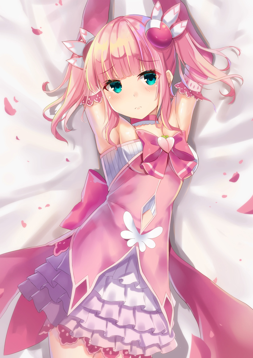 1girl 3: absurdres aqua_eyes armpits arms_up bangs bare_shoulders bed_sheet blush bow breasts chiyoda_momo choker closed_mouth collarbone commentary_request dress eyebrows_visible_through_hair hair_ornament heart highres holmemee layered_skirt long_hair looking_at_viewer lying machikado_mazoku on_back petals pink_bow pink_choker pink_dress pink_hair pleated_skirt sidelocks skirt small_breasts solo twintails white_skirt